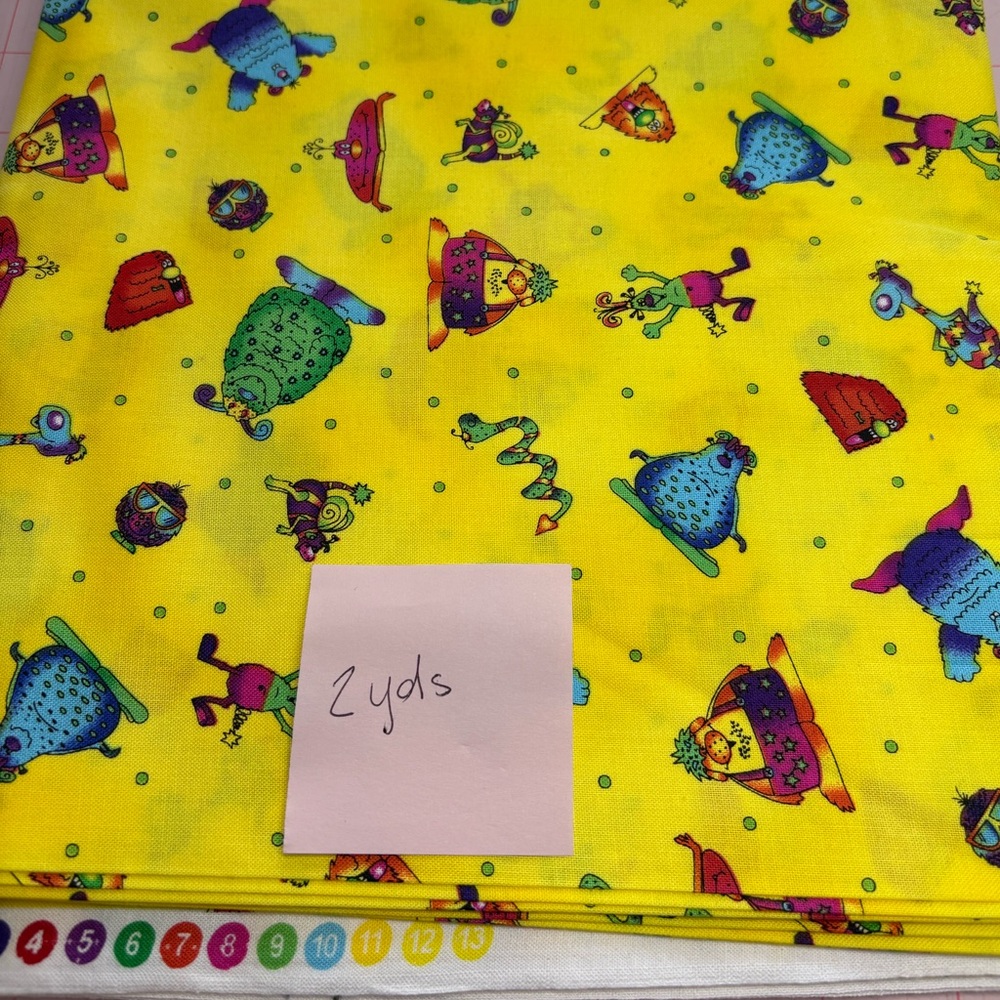 Monsters in The Closet - 2 yard cut of 100% cotton yellow with colorful monsters